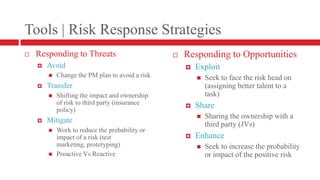 Tools | Risk Response StrategiesResponding to ThreatsAvoidChange the PM plan to avoid a riskTransferShifting the impact and ownership of risk to third party (insurance policy)MitigateWork to reduce the probability or impact of a risk (test marketing, prototyping)Proactive Vs ReactiveResponding to OpportunitiesExploitSeek to face the risk head on (assigning better talent to a task)ShareSharing the ownership with a third party (JVs)EnhanceSeek to increase the probability or impact of the positive risk