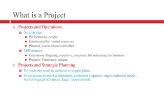 What is a ProjectProjects and OperationsSimilarities:Performed by peopleConstrained by limited resourcesPlanned, executed and controlledDifferences:Operations: Ongoing, repetitive, necessary for sustaining the businessProjects: Temporary, unique.Projects and Strategic PlanningProjects are used to achieve strategic plansIn response to market demands, customer requests, organizational needs, technological advances, legal requirements.