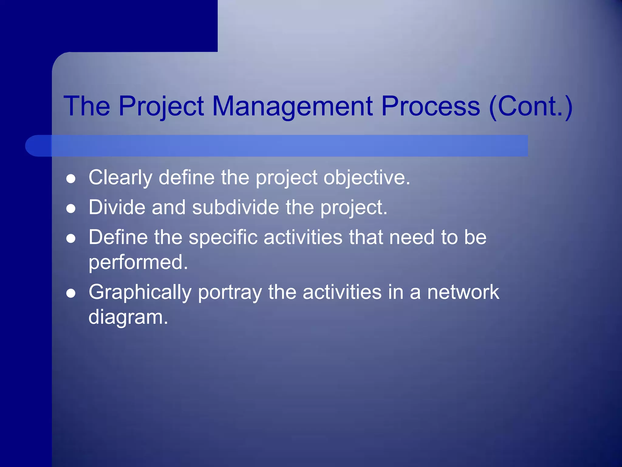 The Project Management Process (Cont.)Clearly define the project objective. Divide and subdivide the project.Define the specific activities that need to be performed.Graphically portray the activities in a network diagram.