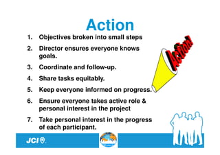 Action
1.   Objectives broken into small steps
2.   Director ensures everyone knows
     goals.
3.   Coordinate and follow-up.
4.   Share tasks equitably.
5.   Keep everyone informed on progress.
6.   Ensure everyone takes active role &
     personal interest in the project
7.   Take personal interest in the progress
     of each participant.
 