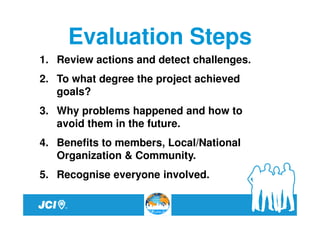 Evaluation Steps
1. Review actions and detect challenges.
2. To what degree the project achieved
   goals?
3. Why problems happened and how to
   avoid them in the future.
4. Benefits to members, Local/National
   Organization & Community.
5. Recognise everyone involved.
 