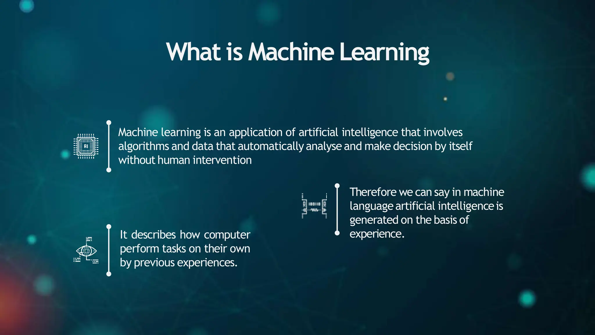 Machine learning is an application of artificial intelligence that involves
algorithms and data that automatically analyse and make decision by itself
without human intervention
It describes how computer
perform tasks on their own
by previous experiences.
Therefore we can say in machine
languageartificial intelligenceis
generated on the basis of
experience.
What is Machine Learning
 