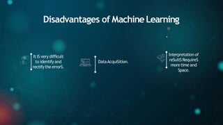 Disadvantages of MachineLearning
It iS very difficult
to identify and
rectifythe errorS.
Interpretation of
reSultSRequireS
more time and
Space.
DataAcquiSition.
 