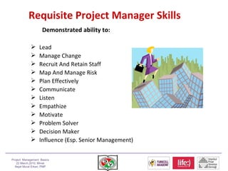 Requisite Project Manager Skills SCOPE QLTY TIME COST CONTR. /PROC. COMM. HR RISK <ul><ul><li>Demonstrated ability to: </l...