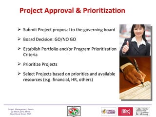 Project Approval & Prioritization SCOPE QLTY TIME COST CONTR. /PROC. COMM. HR RISK <ul><li>Submit Project proposal to the ...