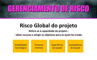 GERENCIAMENTO DE RISCO
Risco Global do projeto
Refere-se à capacidade do projeto :
- obter sucesso e atingir os objetivos para os quais foi criado.

Estabilidade
tecnológica

Processo
internos

Experiência
da equipe

Competência
da equipe

 