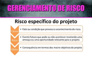 GERENCIAMENTO DE RISCO
Risco específico do projeto

 