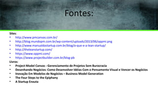 Fontes:
Sites:
• http://www.pmcanvas.com.br/
• http://blog.mundopm.com.br/wp-content/uploads/2013/06/oppmi.png
• http://www.manualdastartup.com.br/blog/o-que-e-a-lean-startup/
• http://theleanstartup.com/
• https://www.oppmi.com/
• https://www.projectbuilder.com.br/blog-pb
Livros:
• Project Model Canvas - Gerenciamento de Projetos Sem Burocracia
• Desenhando Negócios: Como Desenvolver Idéias Com o Pensamento Visual e Vencer os Negócios
• Inovação Em Modelos de Negócios – Business Model Generation
• The Four Steps to the Epiphany
• A Startup Enxuta

 