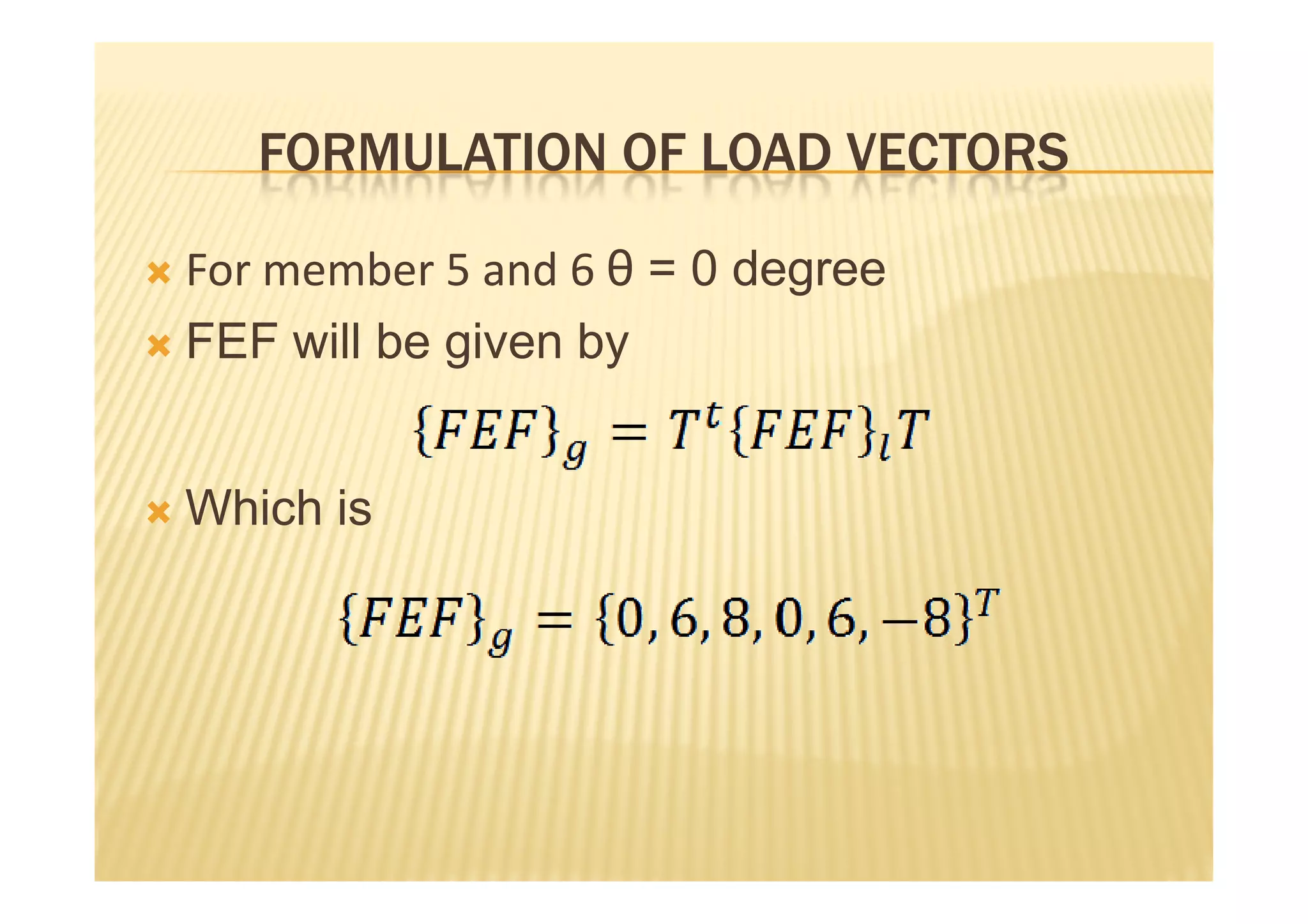FORMULATION OF LOAD VECTORS

For member 5 and 6 θ = 0 degree
FEF will be given by


Which is
 
