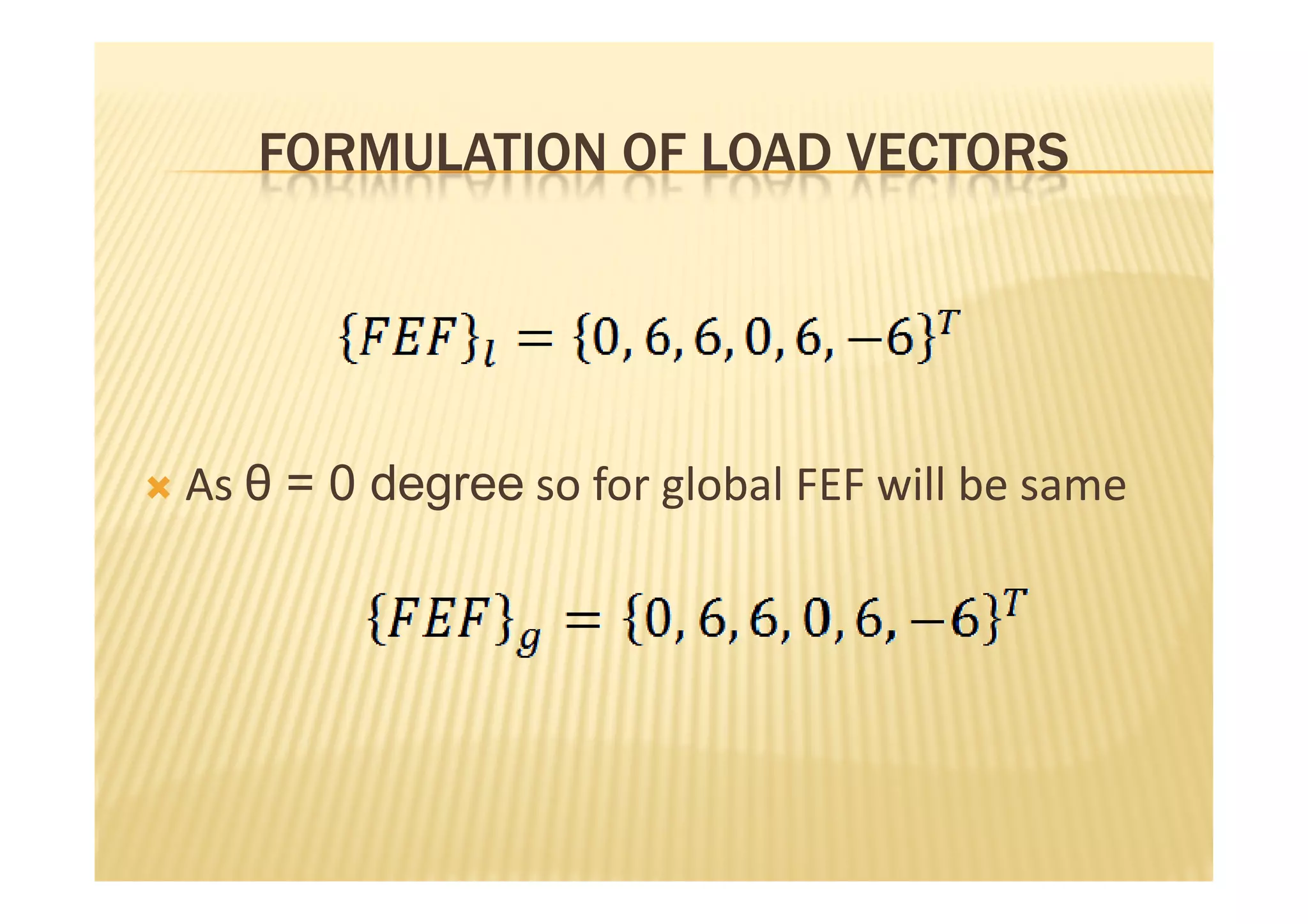 FORMULATION OF LOAD VECTORS




As θ = 0 degree so for global FEF will be same
 