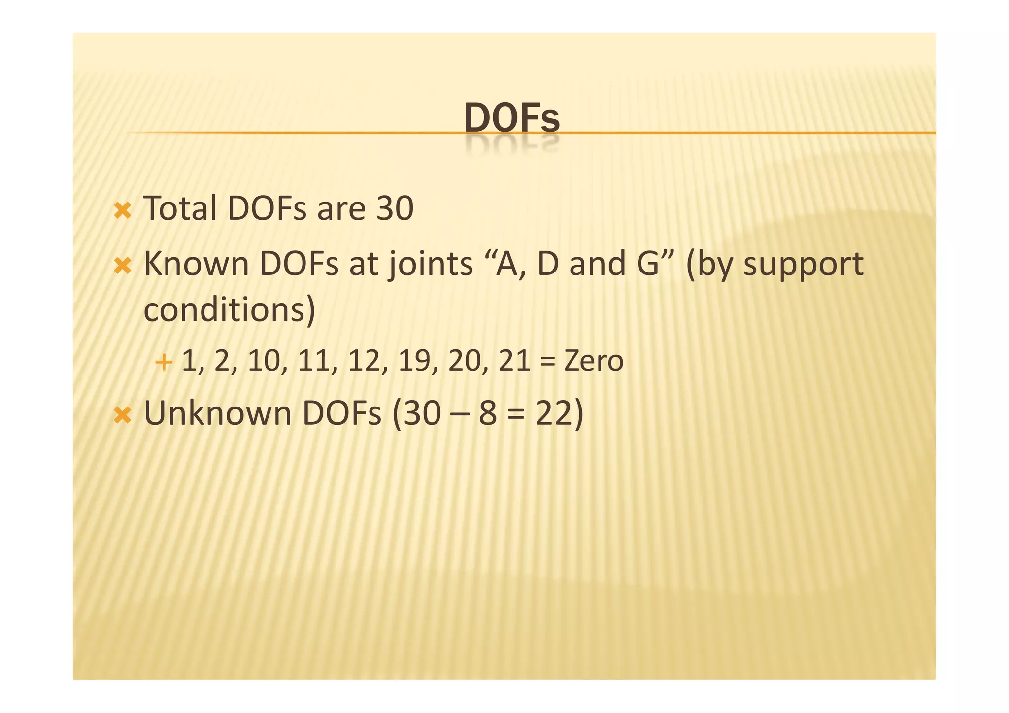 DOFs

Total DOFs are 30
Known DOFs at joints “A, D and G” (by support
conditions)
  1, 2, 10, 11, 12, 19, 20, 21 = Zero
Unknown DOFs (30 – 8 = 22)
 