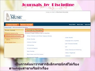    เป็นการค้นหาวารสารอิเล็กทรอนิกส์ไล่เรียงตามกลุ่มสาขาหรือหัวเรื่อง Journals  by  Discipline 