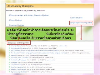 ผลลัพธ์ที่ได้เมื่อทำการเลือกหัวเรื่องที่สนใจ จะปรากฏชื่อวารสาร   ที่เกี่ยวข้องกับเรื่องที่สนใจและไล่เรียงรายชื่อตามลำดับอักษร 