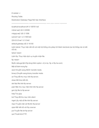 # netstat –r
Routing Table:
Destination Gateway Flags Ref Use Interface
—————————— —————————— —— —— ——— ————
localhost localhost UH 0 109761 lo0
rmtnet ws2 UG 0 20086
rmtppp ws2 UG 0 1096
subnet1 ws1 U 3 1955 le0
224.0.0.0 ws1 U 3 0 le0
default gateway UG 0 16100
Lệnh telnet: Thực hiện kết nối với một hệ thống cho phép trở thành terminal của hệ thống mà nó kết
nối tới.
telnet <dest>
Lệnh ftp: Thực hiện dịch vụ truyền nhận file.
ftp <dest>
Muốn debuge lệnh ftp dùng thêm option -d (ví dụ: ftp -d ftp.ha.com)
Một số lệnh trong ftp:
ascii Chuyển sang ASCII transfer mode.
binary Chuyển sang binary transfer mode.
cd Thay đổi thư mục trên ftp server.
close Kết thúc kết nối.
del Xoá file trên ftp server
pwd Hiện thư mục hiện thời trên ftp server
get Lấy file từ ftp server
help Trợ giúp
lcd Thay đổi thư mục trên client
mget Lấy một số file trên ftp server
mput Truyền một vài file lên ftp server
open Mở kết nối với ftp a server
put Truyền file tới ftp server
quit Thoát khỏi FTP.
 