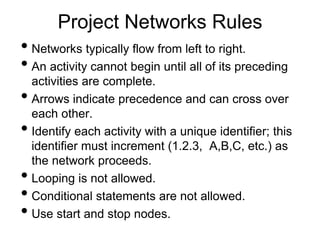 • Networks typically flow from left to right.
• An activity cannot begin until all of its preceding
activities are complete.
• Arrows indicate precedence and can cross over
each other.
• Identify each activity with a unique identifier; this
identifier must increment (1.2.3, A,B,C, etc.) as
the network proceeds.
• Looping is not allowed.
• Conditional statements are not allowed.
• Use start and stop nodes.
Project Networks Rules
 