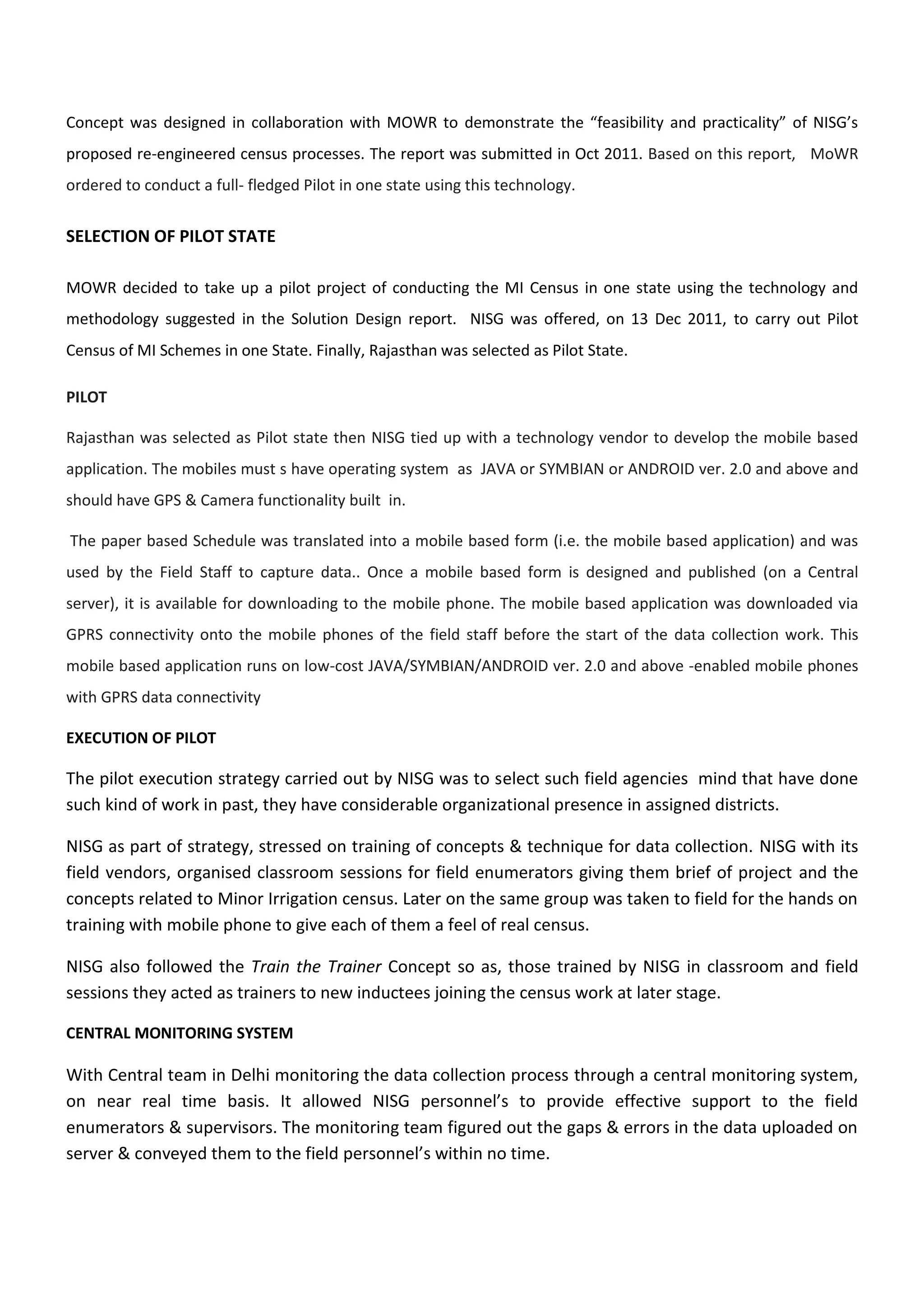 Project note- Pilot Implementation of Mobile based MI Census (Min. Of ...