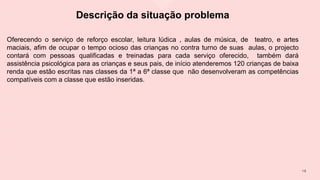 Descrição da situação problema
Oferecendo o serviço de reforço escolar, leitura lúdica , aulas de música, de teatro, e artes
maciais, afim de ocupar o tempo ocioso das crianças no contra turno de suas aulas, o projecto
contará com pessoas qualificadas e treinadas para cada serviço oferecido, também dará
assistência psicológica para as crianças e seus pais, de início atenderemos 120 crianças de baixa
renda que estão escritas nas classes da 1ª a 6ª classe que não desenvolveram as competências
compatíveis com a classe que estão inseridas.
1 0
 