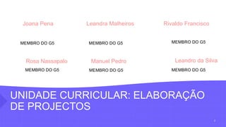 UNIDADE CURRICULAR: ELABORAÇÃO
DE PROJECTOS
2
Joana Pena Leandra Malheiros
MEMBRO DO G5 MEMBRO DO G5
Rivaldo Francisco
MEMBRO DO G5
Rosa Nassapalo Manuel Pedro Leandro da Silva
MEMBRO DO G5 MEMBRO DO G5 MEMBRO DO G5
 