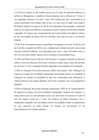 Agrupamento de Escolas de Alcácer do Sal


A E.B1/JI de Alcácer do Sal também possui três (3) salas de Jardim-de-Infância, no
edifício do Morgadinho, e trabalha de forma integrada com a valência de 1º Ciclo. A
sua capacidade máxima é de vinte e cinco (25) crianças por sala, encontrando-se as
turmas constituídas com crianças entre os três e os cinco anos de idade. Estes Jardins-
de-Infância dispõem de espaços de sala de aula adequados, bem equipados, usufruindo
ainda, de um espaço de biblioteca, um pequeno ginásio e espaço exterior bem arranjado
e equipado. As crianças que o frequentam não são só provenientes da cidade de Alcácer
do Sal, mas também de outras zonas do Concelho, cujos pais tem aqui o seu local de
trabalho.

A E.B1/JI de Carrasqueira situada na localidade Carrasqueira, a cerca de 25 Km da sede
do Concelho, ocupando um edifício novo, adaptado para a função educativa, possui uma
sala para Jardim-de-Infância, com capacidade para vinte e cinco (25) alunos entre os
três e os cinco anos, dando resposta, até ao momento, às necessidades locais.

O CEPE da Palma (Centro Educativo Pré-Escolar) é a resposta existente na aldeia de
Palma, ao nível da Educação Pré-Escolar. Funciona a tempo inteiro numa sala devoluta
da escola do 1º Ciclo, e responde de forma adequada às necessidades da Comunidade.

O Pólo de Educação Pré-escolar Itinerante (EPEI) denominado, Arêz /Albergaria dá
resposta às crianças das localidades supracitadas funcionando apenas na localidade de
Albergaria (as crianças de localidade de Arêz são transportadas para Albergaria). A
valência funciona num espaço adaptado, sem muitas condições, mas com equipamento
adequado.

O Pólo de Educação Pré-escolar Itinerante denominado, EPEI de Stª Susana/Montevil
dá resposta às crianças das duas localidades supracitadas, também esta resposta é a
tempo parcial, pois só uma educadora exerce nos dois locais. Funcionam em salas de
aula das antigas escolas do 1º Ciclo, em edifícios de Plano Centenário, com o
equipamento adequado, mas com espaço exterior sem qualquer arranjo ou equipamento,
no caso específico de Santa Susana. As crianças são provenientes de Stª
Susana/Montevil e de montes limítrofes.




                                  Quadriénio 2009/2013
                                                                                 - 16 -
 