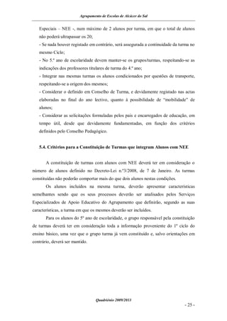 Agrupamento de Escolas de Alcácer do Sal


   Especiais – NEE -, num máximo de 2 alunos por turma, em que o total de alunos
   não poderá ultrapassar os 20;
   - Se nada houver registado em contrário, será assegurada a continuidade da turma no
   mesmo Ciclo;
   - No 5.º ano de escolaridade devem manter-se os grupos/turmas, respeitando-se as
   indicações dos professores titulares de turma do 4.º ano;
   - Integrar nas mesmas turmas os alunos condicionados por questões de transporte,
   respeitando-se a origem dos mesmos;
   - Considerar o definido em Conselho de Turma, e devidamente registado nas actas
   elaboradas no final do ano lectivo, quanto à possibilidade de “mobilidade” de
   alunos;
   - Considerar as solicitações formuladas pelos pais e encarregados de educação, em
   tempo útil, desde que devidamente fundamentadas, em função dos critérios
   definidos pelo Conselho Pedagógico.


   5.4. Critérios para a Constituição de Turmas que integram Alunos com NEE


       A constituição de turmas com alunos com NEE deverá ter em consideração o
número de alunos definido no Decreto-Lei n.º3/2008, de 7 de Janeiro. As turmas
constituídas não poderão comportar mais do que dois alunos nestas condições.
       Os alunos incluídos na mesma turma, deverão apresentar características
semelhantes sendo que os seus processos deverão ser analisados pelos Serviços
Especializados de Apoio Educativo do Agrupamento que definirão, segundo as suas
características, a turma em que os mesmos deverão ser incluídos.
       Para os alunos do 5º ano de escolaridade, o grupo responsável pela constituição
de turmas deverá ter em consideração toda a informação proveniente do 1º ciclo do
ensino básico, uma vez que o grupo turma já vem constituído e, salvo orientações em
contrário, deverá ser mantido.




                                   Quadriénio 2009/2013
                                                                                - 25 -
 
