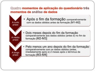 • Após o fim da formação comparativamente
A curto     com os dados obtidos antes da formação [M1-M2]
prazo


          • Dois meses depois do fim da formação
           comparativamente aos dados obtidos (antes e) no fim da
A médio
 prazo     formação [M2-M3]


          • Pelo menos um ano depois do fim da formação
           comparativamente com os dados obtidos (antes,
A longo    imediatamente após e) 2 meses após o términus da
 prazo     formação [M3-M4]
 