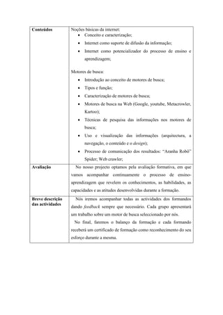 Conteúdos Noções básicas da internet:
 Conceito e caracterização;
 Internet como suporte de difusão da informação;
 Internet como potencializador do processo de ensino e
aprendizagem;
Motores de busca:
 Introdução ao conceito de motores de busca;
 Tipos e função;
 Caracterização de motores de busca;
 Motores de busca na Web (Google, youtube, Metacrowler,
Kartoo);
 Técnicas de pesquisa das informações nos motores de
busca;
 Uso e visualização das informações (arquitectura, a
navegação, o conteúdo e o design);
 Processo de comunicação dos resultados: “Aranha Robô”
Spider; Web crawler;
Avaliação No nosso projecto optamos pela avaliação formativa, em que
vamos acompanhar continuamente o processo de ensino-
aprendizagem que revelem os conhecimentos, as habilidades, as
capacidades e as atitudes desenvolvidas durante a formação.
Breve descrição
das actividades
Nós iremos acompanhar todas as actividades dos formandos
dando feedback sempre que necessário. Cada grupo apresentará
um trabalho sobre um motor de busca seleccionado por nós.
No final, faremos o balanço da formação e cada formando
receberá um certificado de formação como reconhecimento do seu
esforço durante a mesma.
 