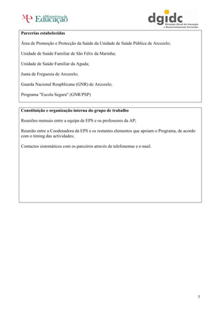 Parcerias estabelecidas

Área de Promoção e Protecção da Saúde da Unidade de Saúde Pública de Arcozelo;

Unidade de Saúde Familiar de São Félix da Marinha;

Unidade de Saúde Familiar da Aguda;

Junta de Freguesia de Arcozelo;

Guarda Nacional Reupblicana (GNR) de Arcozelo;

Programa "Escola Segura" (GNR/PSP)


Constituição e organização interna do grupo de trabalho

Reuniões mensais entre a equipa de EPS e os professores da AP;

Reunião entre a Coodenadora da EPS e os restantes elementos que apoiam o Programa, de acordo
com o timing das actividades;

Contactos sistemáticos com os parceiros através de telefonemas e e-mail.




                                                                                               7
 