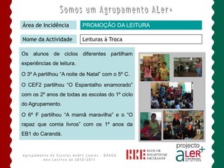 Área de Incidência         PROMOÇÃO DA LEITURA

Nome da Actividade         Leituras à Troca

Os alunos de ciclos diferentes partilham
experiências de leitura.

O 3º A partilhou “A noite de Natal” com o 5º C.

O CEF2 partilhou “O Espantalho enamorado”
com os 2º anos de todas as escolas do 1º ciclo
do Agrupamento.

O 6º F partilhou “A mamã maravilha” e o “O
rapaz que comia livros” com os 1º anos da
EB1 do Carandá.
 