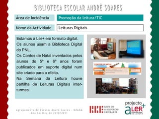 Área de Incidência     Promoção da leitura/TIC

Nome da Actividade     Leituras Digitais

Estamos a Ler+ em formato digital.
Os alunos usam a Biblioteca Digital
do PNL.
Os Contos de Natal inventados pelos
alunos do 5º e 6º anos foram
publicados em suporte digital num
site criado para o efeito.
Na Semana da Leitura houve
partilha de Leituras Digitais inter-
turmas.
 