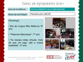 Área de Incidência   ENVOLVIMENTO DA COMUNIDADE

Nome da Actividade   Parceria com a BLCS


Worshops:

• Dia da Língua Não Materna: 6º
ano

• “Palavras Marcianas”: 7º ano

• “As nossas vidas virtuais, mais
do que um jogo, são a nossa
realidade”: 4º ano
 