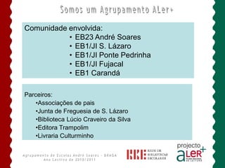 Comunidade envolvida:
           • EB23 André Soares
           • EB1/JI S. Lázaro
           • EB1/JI Ponte Pedrinha
           • EB1/JI Fujacal
           • EB1 Carandá

Parceiros:
    •Associações de pais
    •Junta de Freguesia de S. Lázaro
    •Biblioteca Lúcio Craveiro da Silva
    •Editora Trampolim
    •Livraria Culturminho
 