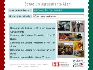 Área de Incidência     PROMOÇÃO DA LEITURA

Nome da Actividade     Concursos de Leitura




Concurso de Leitura – 3º e 4º anos do
Agrupamento
Concurso de Leitura Concelhio: 1º e 2º
Ciclos
Concurso de Leitura “Mataram o Rei”: 2º
ciclos
Concurso de Leitura “O Recruta”: 2º e 3º
ciclos
Concurso Nacional de Leitura: 3º ciclo
 