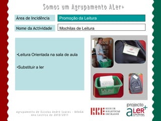 Área de Incidência     Promoção da Leitura

Nome da Actividade     Mochilas de Leitura




•Leitura Orientada na sala de aula


•Substituir a ler
 