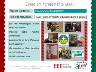 Área de Incidência       PROMOÇÃO DA LEITURA

Nome da Actividade        ALer+ com o Projecto Educação para a Saúde

Dia da Alimentação: Coma
bem, viva melhor!

Palestra      sobre   hábitos
alimentares

Lançamento do livro “Pequeno
Livro Saúde 24”

Dia Mundial da Sida: também
se morre de amor

Dia Mundial sem tabaco
 