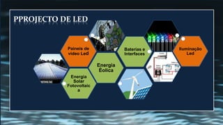 PPROJECTO DE LED


           Paineis de              Baterias e   Iluminação
           video Led               Interfaces       Led

                         Energia
                          Éolica
            Energia
              Solar
           Fotovoltaic
               a
 