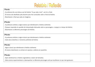 1ªSessão1ªSessão1ªSessão1ªSessão
. A professora fez uma leitura oral da história “A que sabe a lua?”, sem ler o final;
. Os alunos são desafiados pela docente para tirar conclusões sobre o final da história;
. Desenharam o final que cada um imaginou;
2222ªSessãoªSessãoªSessãoªSessão
. A professora solicitou a alguns alunos que relembrassem a história oralmente;
. O grupo respondeu às questões de interpretação efectuadas sobre as personagens, o espaço e o tempo da história;
. Desenharam as diferentes personagens da história;
3333ªSessãoªSessãoªSessãoªSessão
. A professora solicitou a alguns alunos que relembrassem a história oralmente;
. Cada aluno desenhou o momento preferido da história;
4444ªSessãoªSessãoªSessãoªSessão
. Alguns alunos que relembraram a história oralmente;
. Os alunos desenharam os animais em esponja e colámos um pauzinho;
5ªSessão5ªSessão5ªSessão5ªSessão
. Após relembrarmos a história organizámos o teatro de fantoches;
. Vários alunos experimentaram a desempenhar os diferentes personagens até que escolheram os que mais gostavam;
 