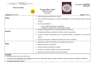 Ano Lectivo: 2008/20092008/20092008/20092008/2009
(2(2(2(2ºPeríodo)ºPeríodo)ºPeríodo)ºPeríodo)
EB1/JI de AtalaiãoEB1/JI de AtalaiãoEB1/JI de AtalaiãoEB1/JI de Atalaião
“A que sabe a lua?“A que sabe a lua?“A que sabe a lua?“A que sabe a lua?””””
Michael Grejniec
Kalandraka
Docente:Docente:Docente:Docente: Paula Lança Turma:Turma:Turma:Turma: 1ºAno C
JaneiroJaneiroJaneiroJaneiro
• Leitura feita pela professora aos alunos;
• Com a ajuda da professora, os alunos são desafiados a tirar conclusões sobre o final da
história;
• Os alunos identificam:
- as personagens principais e secundárias;
- o espaço e o tempo onde se desenvolve a acção;
FevereiroFevereiroFevereiroFevereiro
• Desenhar individualmente o momento preferido da história;
• Em esponja efectuar os animais da história e colar um pauzinho;
• Ensaiar um teatro de fantoches com os referidos animais, a apresentar na semana da
leitura;
• Escrever frases sobre os diferentes animais que entram na história;
MarçoMarçoMarçoMarço
• Apresentar o teatro de fantoches aos colegas do pré-escolar;
• Ditado de palavras da história;
• Escrever palavras da história no plural;
• Inventar uma história idêntica mas com outros animais;
• Recortar os animais e elaborar a capa da brochura.
Avaliação:Avaliação:Avaliação:Avaliação:
* A avaliação realizar-se-á em dois momentos:
- No decorrer da elaboração dos trabalhos, com base em: observação directa; registos; folhetos; trabalhos de grupo; trabalhos individuais.
- Na apresentação dos mesmos.
 