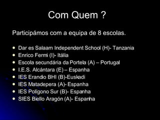 Com Quem ? Participámos com a equipa de 8 escolas. Dar es Salaam Independent School (H)- Tanzania Enrico Fermi (I)- Itália Escola secundária da Portela (A) – Portugal I.E.S. Alcántara (E) – Espanha IES Erandio BHI (B)-Euskadi IES Matadepera (A)- Espanha IES Polígono Sur (B)- Espanha SIES Biello Aragón (A)- Espanha 