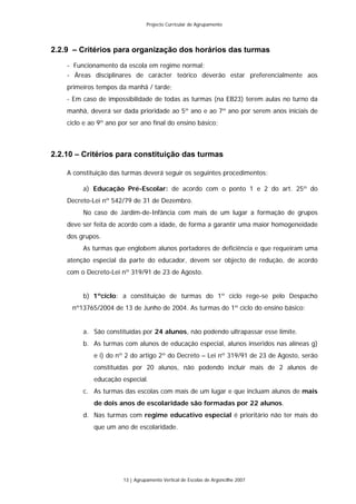 Projecto Curricular de Agrupamento




2.2.9 – Critérios para organização dos horários das turmas
    - Funcionamento da escola em regime normal;
    - Áreas disciplinares de carácter teórico deverão estar preferencialmente aos
    primeiros tempos da manhã / tarde;
    - Em caso de impossibilidade de todas as turmas (na EB23) terem aulas no turno da
    manhã, deverá ser dada prioridade ao 5º ano e ao 7º ano por serem anos iniciais de
    ciclo e ao 9º ano por ser ano final do ensino básico;



2.2.10 – Critérios para constituição das turmas

    A constituição das turmas deverá seguir os seguintes procedimentos:

         a) Educação Pré-Escolar: de acordo com o ponto 1 e 2 do art. 25º do
    Decreto-Lei nº 542/79 de 31 de Dezembro.
         No caso de Jardim-de-Infância com mais de um lugar a formação de grupos
    deve ser feita de acordo com a idade, de forma a garantir uma maior homogeneidade
    dos grupos.
         As turmas que englobem alunos portadores de deficiência e que requeiram uma
    atenção especial da parte do educador, devem ser objecto de redução, de acordo
    com o Decreto-Lei nº 319/91 de 23 de Agosto.


         b) 1ºciclo: a constituição de turmas do 1º ciclo rege-se pelo Despacho
     nº13765/2004 de 13 de Junho de 2004. As turmas do 1º ciclo do ensino básico:


         a. São constituídas por 24 alunos, não podendo ultrapassar esse limite.
         b. As turmas com alunos de educação especial, alunos inseridos nas alíneas g)
             e i) do nº 2 do artigo 2º do Decreto – Lei nº 319/91 de 23 de Agosto, serão
             constituídas por 20 alunos, não podendo incluir mais de 2 alunos de
             educação especial.
         c. As turmas das escolas com mais de um lugar e que incluam alunos de mais
             de dois anos de escolaridade são formadas por 22 alunos.
         d. Nas turmas com regime educativo especial é prioritário não ter mais do
             que um ano de escolaridade.




                       13 | Agrupamento Vertical de Escolas de Argoncilhe 2007
 