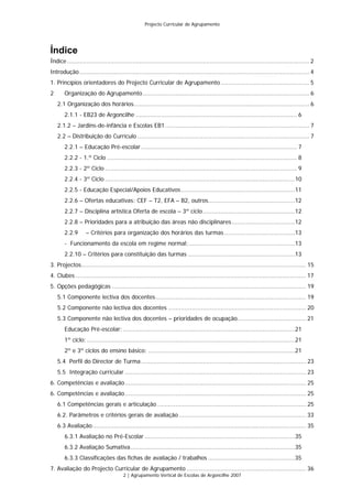 Projecto Curricular de Agrupamento




Índice
Índice ...................................................................................................................................... 2
Introdução ............................................................................................................................... 4
1. Princípios orientadores do Projecto Curricular de Agrupamento ................................................. 5
2      Organização do Agrupamento ............................................................................................ 6
    2.1 Organização dos horários................................................................................................. 6
       2.1.1 - EB23 de Argoncilhe ......................................................................................... 6
    2.1.2 – Jardins-de-infância e Escolas EB1................................................................................ 7
    2.2 – Distribuição do Currículo ............................................................................................... 7
       2.2.1 – Educação Pré-escolar ...................................................................................... 7
       2.2.2 - 1.º Ciclo ......................................................................................................... 8
       2.2.3 - 2º Ciclo .......................................................................................................... 9
       2.2.4 - 3º Ciclo .........................................................................................................10
       2.2.5 - Educação Especial/Apoios Educativos ...............................................................11
       2.2.6 – Ofertas educativas: CEF – T2, EFA – B2, outros................................................12
       2.2.7 – Disciplina artística Oferta de escola – 3º ciclo...................................................12
       2.2.8 – Prioridades para a atribuição das áreas não disciplinares...................................12
       2.2.9       – Critérios para organização dos horários das turmas .......................................13
       - Funcionamento da escola em regime normal;...........................................................13
       2.2.10 – Critérios para constituição das turmas ...........................................................13
3. Projectos............................................................................................................................ 15
4. Clubes ............................................................................................................................... 17
5. Opções pedagógicas ........................................................................................................... 19
    5.1 Componente lectiva dos docentes................................................................................... 19
    5.2 Componente não lectiva dos docentes ............................................................................ 20
    5.3 Componente não lectiva dos docentes – prioridades de ocupação...................................... 21
       Educação Pré-escolar: ...............................................................................................21
       1º ciclo: ...................................................................................................................21
       2º e 3º ciclos do ensino básico: .................................................................................21
    5.4 Perfil do Director de Turma ........................................................................................... 23
    5.5 Integração curricular .................................................................................................... 23
6. Competências e avaliação.................................................................................................... 25
6. Competências e avaliação.................................................................................................... 25
    6.1 Competências gerais e articulação .................................................................................. 25
    6.2. Parâmetros e critérios gerais de avaliação ...................................................................... 33
    6.3 Avaliação...................................................................................................................... 35
       6.3.1 Avaliação no Pré-Escolar ...................................................................................35
       6.3.2 Avaliação Sumativa...........................................................................................35
       6.3.3 Classificações das fichas de avaliação / trabalhos ................................................35
7. Avaliação do Projecto Curricular de Agrupamento .................................................................. 36
                                       2 | Agrupamento Vertical de Escolas de Argoncilhe 2007
 