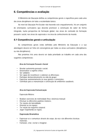 Projecto Curricular de Agrupamento



6. Competências e avaliação

       O Ministério da Educação definiu as competências gerais e específicas para cada uma
das áreas disciplinares de toda a escolaridade básica.
       Ao nível da Educação Pré-Escolar não havendo este enquadramento, há um conjunto
de orientações curriculares que deverão promover a construção do saber de forma
integrada, numa perspectiva de formação global, nas áreas de conteúdo de formação
pessoal e social, nas áreas de expressão e na área de conhecimento do mundo.


6.1 Competências gerais e articulação

       As competências gerais estão definidas pelo Ministério da Educação e a sua
abordagem deverá ser feita em convergência por todas as áreas curriculares (disciplinares
ou não disciplinares).
       Nos próximos três anos deverá ser dada prioridade ao trabalho em cada uma das
seguintes competências:


        Área de Formação Pessoal e Social

   •    Revelar autonomia pessoal e social;
   •    Desenvolver o espírito crítico;
   •    Ser solidário;
   •    Ser capaz de reconhecer e valorizar as diferenças;
   •    Participar democraticamente na vida do grupo;
   •    Expressar autonomamente os seus gostos e convicções;
   •    Contribuir para a manutenção e construção de ambientes saudáveis.



        Área de Expressão/Comunicação

        Expressão Motora:

   •    Realizar exercícios de motricidade fina e destreza manual:
   •    Efectuar os diferentes padrões motores;
   •    Ter noções de lateralidade;
   •    Orientar-se no espaço;
   •    Ter noção do esquema corporal;
   •    Jogar respeitando as regras.

        Expressão Dramática

   •    Expressar-se e comunicar através do corpo, da voz e de diferentes técnicas
        materiais;
   •    Fantasiar, criar, recriar e imaginar.



                          25 | Agrupamento Vertical de Escolas de Argoncilhe 2007
 