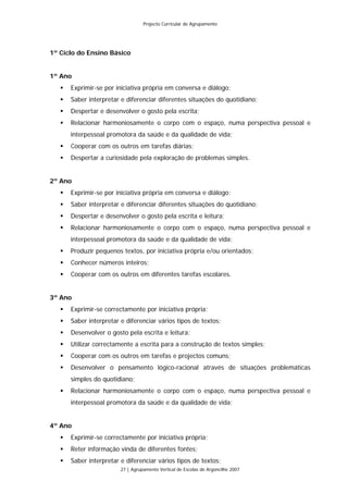 Projecto Curricular de Agrupamento




1º Ciclo do Ensino Básico


1º Ano
      Exprimir-se por iniciativa própria em conversa e diálogo;
      Saber interpretar e diferenciar diferentes situações do quotidiano;
      Despertar e desenvolver o gosto pela escrita;
      Relacionar harmoniosamente o corpo com o espaço, numa perspectiva pessoal e
      interpessoal promotora da saúde e da qualidade de vida;
      Cooperar com os outros em tarefas diárias;
      Despertar a curiosidade pela exploração de problemas simples.


2º Ano
      Exprimir-se por iniciativa própria em conversa e diálogo;
      Saber interpretar e diferenciar diferentes situações do quotidiano;
      Despertar e desenvolver o gosto pela escrita e leitura;
      Relacionar harmoniosamente o corpo com o espaço, numa perspectiva pessoal e
      interpessoal promotora da saúde e da qualidade de vida;
      Produzir pequenos textos, por iniciativa própria e/ou orientados;
      Conhecer números inteiros;
      Cooperar com os outros em diferentes tarefas escolares.


3º Ano
      Exprimir-se correctamente por iniciativa própria;
      Saber interpretar e diferenciar vários tipos de textos;
      Desenvolver o gosto pela escrita e leitura;
      Utilizar correctamente a escrita para a construção de textos simples;
      Cooperar com os outros em tarefas e projectos comuns;
      Desenvolver o pensamento lógico-racional através de situações problemáticas
      simples do quotidiano;
      Relacionar harmoniosamente o corpo com o espaço, numa perspectiva pessoal e
      interpessoal promotora da saúde e da qualidade de vida;


4º Ano
      Exprimir-se correctamente por iniciativa própria;
      Reter informação vinda de diferentes fontes;
      Saber interpretar e diferenciar vários tipos de textos;
                        27 | Agrupamento Vertical de Escolas de Argoncilhe 2007
 