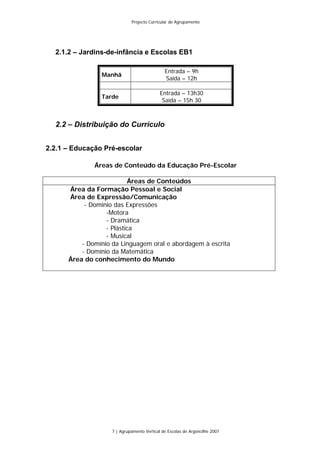 Projecto Curricular de Agrupamento




  2.1.2 – Jardins-de-infância e Escolas EB1

                                              Entrada – 9h
                Manhã
                                              Saída – 12h

                                            Entrada – 13h30
                Tarde
                                             Saída – 15h 30



  2.2 – Distribuição do Currículo


2.2.1 – Educação Pré-escolar

              Áreas de Conteúdo da Educação Pré-Escolar

                          Áreas de Conteúdos
      Área da Formação Pessoal e Social
      Área de Expressão/Comunicação
           - Domínio das Expressões
                  -Motora
                  - Dramática
                  - Plástica
                  - Musical
          - Domínio da Linguagem oral e abordagem à escrita
          - Domínio da Matemática
      Área do conhecimento do Mundo




                    7 | Agrupamento Vertical de Escolas de Argoncilhe 2007
 