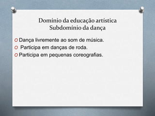 Domínio da educação artística
Subdomínio da dança
O Dança livremente ao som de música.
O Participa em danças de roda.
O Participa em pequenas coreografias.
 
