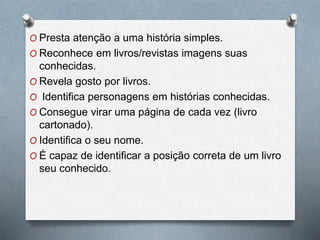 O Presta atenção a uma história simples.
O Reconhece em livros/revistas imagens suas
conhecidas.
O Revela gosto por livros.
O Identifica personagens em histórias conhecidas.
O Consegue virar uma página de cada vez (livro
cartonado).
O Identifica o seu nome.
O É capaz de identificar a posição correta de um livro
seu conhecido.
 