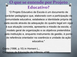 O que se entende por Projeto
Educativo?
“O Projeto Educativo de Escola é um documento de
carácter pedagógico que, elaborado com a participação da
comunidade educativa, estabelece a identidade própria de
cada escola através da adequação do quadro legal em vigor
à sua situação concreta, apresenta a missão da escola, o
modelo geral de organização e os objetivos pretendidos
pela instituição e, enquanto instrumento de gestão, é ponto
de referência orientador na coerência e unidade da ação
educativa."
Costa (1996, p.10) in Homem L.,
Cadernos de Educação de Infância, nº46
 