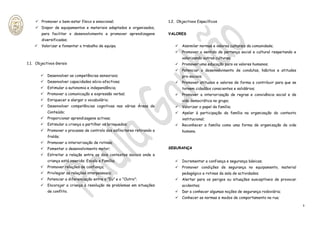  Promover o bem-estar físico e emocional;                            1.2. Objectivos Específicos
     Dispor de equipamentos e materiais adaptados e organizados,
        para facilitar o desenvolvimento e promover aprendizagens         VALORES
        diversificadas;
       Valorizar e fomentar o trabalho de equipa.                              Assimilar normas e valores culturais da comunidade;
                                                                                Promover o sentido de pertença social e cultural respeitando e
                                                                                 valorizando outras culturas;
1.1. Objectivos Gerais                                                          Promover uma educação para os valores humanos;
                                                                                Potenciar o desenvolvimento de condutas, hábitos e atitudes
           Desenvolver as competências sensoriais;                              pro-sociais;
           Desenvolver capacidades sócio-afectivas;                            Promover atitudes e valores de forma a contribuir para que se
           Estimular a autonomia e independência;                               tornem cidadãos conscientes e solidários;
           Promover a comunicação e expressão verbal;                          Promover a interiorização de regras e convivência social e de
           Enriquecer e alargar o vocabulário;                                  vida democrática no grupo;
           Desenvolver competências cognitivas nas várias Áreas de             Valorizar o papel da família;
            Conteúdo;                                                           Apelar à participação da família na organização do contexto
           Proporcionar aprendizagens activas;                                  institucional;
           Estimular a criança a partilhar os brinquedos;                      Reconhecer a família como uma forma de organização da vida
           Promover o processo de controlo dos esfíncteres retirando a          humana.
            fralda;
           Promover a interiorização de rotinas;
           Fomentar o desenvolvimento motor;                             SEGURANÇA
           Estreitar a relação entre os dois contextos sociais onde a
            criança está inserida: Escola e Família;                            Incrementar a confiança e segurança básicas;
           Promover relações de confiança;                                     Promover condições de segurança no equipamento, material
           Privilegiar as relações interpessoais;                               pedagógico e rotinas da sala de actividades;
           Potenciar a diferenciação entre o “Eu” e o “Outro”;                 Alertar para os perigos ou situações susceptíveis de provocar
           Encorajar a criança à resolução de problemas em situações            acidentes;
            de conflito.                                                        Dar a conhecer algumas noções de segurança rodoviária;
                                                                                Conhecer as normas e modos de comportamento na rua;

                                                                                                                                                  3
 