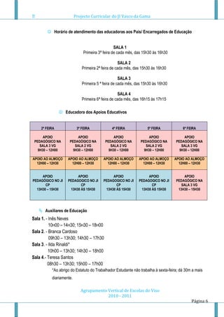 Projecto Curricular do JI Vasco da Gama


         Horário de atendimento das educadoras aos Pais/ Encarregados de Educação


                                                 SALA 1
                              Primeira 3ª feira de cada mês, das 15h30 às 16h30

                                                    SALA 2
                             Primeira 2ª feira de cada mês, das 15h30 às 16h30

                                                    SALA 3
                             Primeira 5 ª feira de cada mês, das 15h30 às 16h30

                                                    SALA 4
                             Primeira 6ª feira de cada mês, das 16h15 às 17h15

                Educadora dos Apoios Educativos


    2ª FEIRA              3ª FEIRA            4ª FEIRA             5ª FEIRA            6ª FEIRA

      APOIO              APOIO                 APOIO                APOIO               APOIO
 PEDAGÓGICO NA      PEDAGÓGICO NA         PEDAGÓGICO NA        PEDAGÓGICO NA       PEDAGÓGICO NA
    SALA 3 VG          SALA 2 VG             SALA 2 VG            SALA 2 VG           SALA 3 VG
   9H30 – 12H00       9H30 – 12H00          9H30 – 12H00         9H30 – 12H00        9H30 – 12H00

APOIO AO ALMOÇO    APOIO AO ALMOÇO       APOIO AO ALMOÇO      APOIO AO ALMOÇO     APOIO AO ALMOÇO
  12H00 – 12H30      12H00 – 12H30         12H00 – 12H30        12H00 – 12H30       12H00 – 12H30


     APOIO              APOIO                 APOIO                APOIO                APOIO
PEDAGÓGICO NO JI   PEDAGOGICO NO JI      PEDAGOGICO NO JI     PEDAGOGICO NO JI     PEDAGÓGICO NA
       CP                 CP                    CP                   CP               SALA 3 VG
  13H30 – 15H30     13H30 ÀS 15H30        13H30 ÀS 15H30       13H30 ÀS 15H30       13H30 – 15H30




    Auxiliares de Educação
Sala 1. - Inês Neves
          10H00 – 14H30; 15H30 – 18H00
Sala 2. - Branca Cardoso
          09h30 – 13h30; 14h30 – 17h30
Sala 3. - Ilda Rinaldi*
         10h00 – 13h30; 14h30 – 18h00
Sala 4.- Teresa Santos
         08h30 – 13h30; 15h00 – 17h00
          *Ao abrigo do Estatuto do Trabalhador Estudante não trabalha à sexta-feira; dá 30m a mais
          diariamente.

                            Agrupamento Vertical de Escolas do Viso
                                        2010 - 2011
                                                                                            Página 6
 