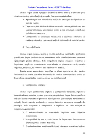 Projecto Curricular de Escola – EB1/PE dos Ilhéus
                   ________________________________________
       Entende-se por leitura o processo interactivo entre o leitor e o texto em que o
primeiro reconstrói o significado do segundo. Esta competência implica:
           ü Aprendizagem dos mecanismos básicos de extracção de significado do
               material escrito;
           ü Capacidade para decifrar de forma automática cadeias grafemáticas, para
               localizar informação em material escrito e para apreender o significado
               global de um texto curto;
           ü Conhecimento de estratégias básicas para a decifração automática de
               cadeias grafemáticas e para a extracção de informação de material escrito.


           d. Expressão Escrita


       Entende-se por expressão escrita o produto, dotado de significado e conforme à
gramática da língua, resultante de um processo que inclui o conhecimento do sistema de
representação gráfica adoptado. Esta competência implica processos cognitivos e
linguísticos complexos, nomeadamente os envolvidos no planeamento, na formatação
linguística, na revisão, na correcção e na reformulação do texto.
       Resulta como competência específica o aluno apropriar-se das técnicas
fundamentais da escrita, com vista do domínio das técnicas instrumentais da escrita e a
desenvoltura, naturalidade e correcção no seu uso multifuncional.


           e. Conhecimento Explícito


       Entende-se por conhecimento explícito o conhecimento reflectido, explícito e
sistematizado das unidades, regras e processos gramaticais da língua. Esta competência
implica o desenvolvimento de processos metacognitivos, quase sempre dependentes da
instrução formal e permite aos falantes o controlo das regras que usam e a selecção das
estratégias mais adequadas à compreensão e expressão em cada situação de
comunicação, permitindo:
           ü O     desenvolvimento      da   consciência   linguística   com   objectivos
               instrumentais;
           ü A capacidade de usar o conhecimento da língua como instrumento na
               aprendizagem da leitura e da escrita;
           ü O conhecimento de paradigmas flexionais e de regras gramaticais básicas.


                                                                                       22
 
