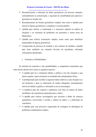 Projecto Curricular de Escola – EB1/PE dos Ilhéus
                   ________________________________________
       ü Reconhecimento e utilização de ideias geométricas em diversas situações,
          nomeadamente na comunicação, e aquisição de sensibilidade para apreciar a
          geometria no mundo real.
       ü Reconhecimento de formas geométricas simples, bem como a aptidão para
          descrever figuras geométricas e completar e inventar padrões.
       ü Aptidão para utilizar a visualização e o raciocínio espacial na análise de
          situações e na resolução de problemas em geometria e outras áreas da
          Matemática.
       ü Aptidão para realizar construções simples, assim como para identificar
          propriedades de figuras geométricas.
       ü Compreensão do processo de medição e dos sistemas de medidas e aptidão
          para fazer medições em situações diversas do quotidiano, utilizando
          instrumentos apropriados.


          c. Estatística e Probabilidades


       No domínio da estatística e das probabilidades, a competência matemática que
todos devem desenvolver inclui os seguintes aspectos:
       ü A aptidão para ler e interpretar tabelas e gráficos à luz das situações a que
          dizem respeito e para comunicar os resultados das interpretações feitas;
       ü A predisposição para recolher e organizar dados relativos a uma situação ou a
          um fenómeno e para os representar de modos adequados, nomeadamente
          através de tabelas e gráficos e utilizando as novas tecnologias;
       ü A tendência para dar resposta a problemas com base na análise de dados
          recolhidos e de experiências planeadas para o efeito;
       ü A aptidão para realizar investigações que recorram a dados de natureza
          quantitativa, envolvendo a recolha e análise de dados e a elaboração de
          conclusões;
       ü A aptidão para usar processos organizados de contagem na abordagem de
          problemas combinatórios simples;




                                                                                     25
 